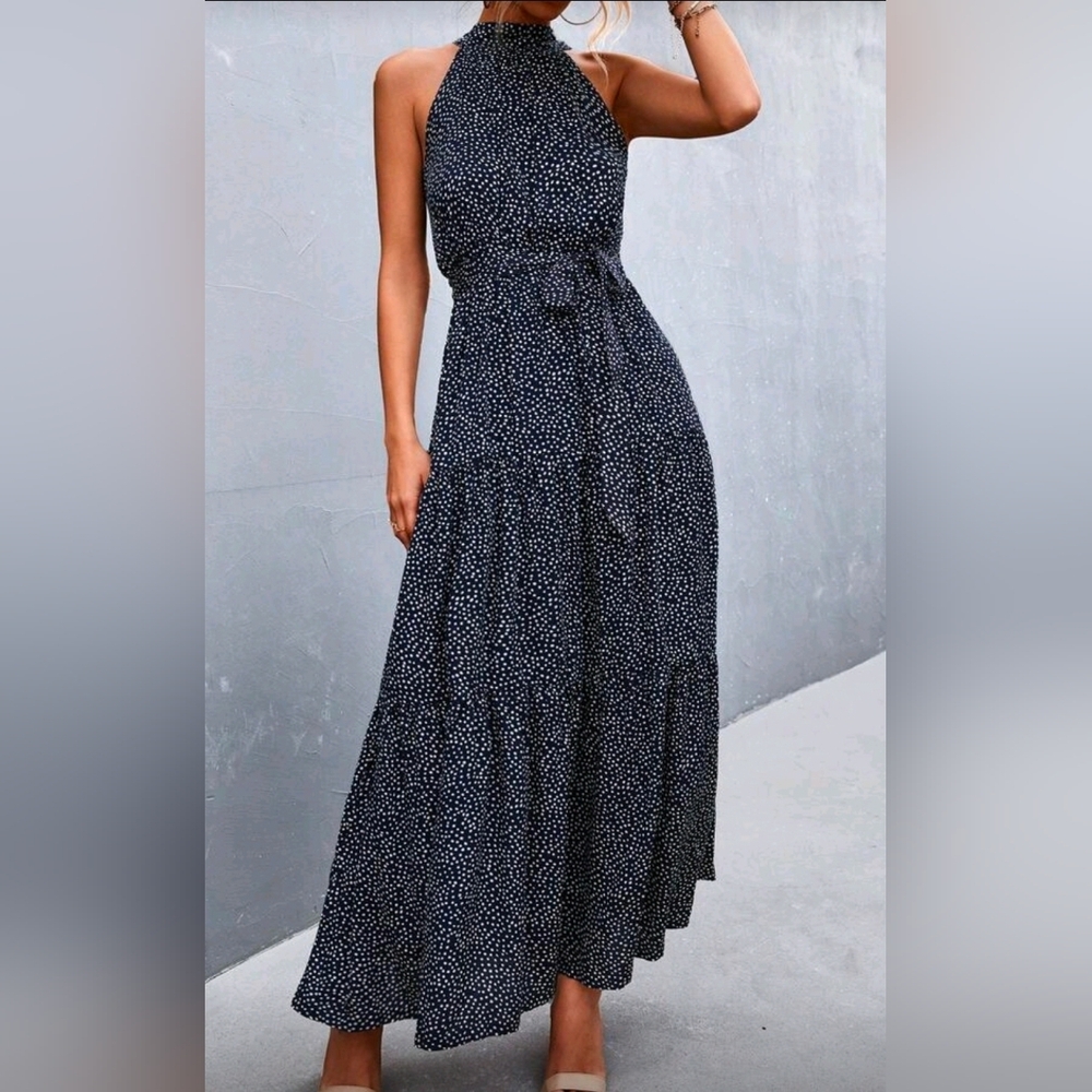 NEW Chic Dot Print Tiered Ruffle Halter Maxi Dress Navy Blue White - Picture 2 of 9